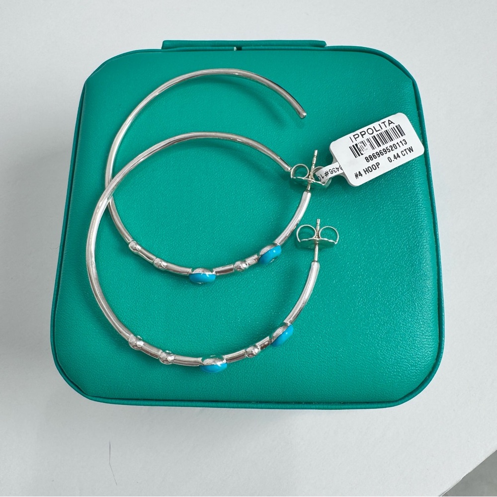 Ippolita Sterling Carnevale Stardust 5 stone Hoop Earrings Diamonds Turquoise